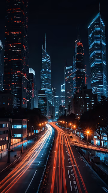 Neon City Skyline at Night with Light Trail Highways - Free 4K & 8K Mobile Wallpaper