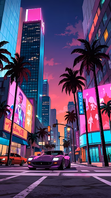 Neon City Street at Dusk with Pink Sports Car and Palm Trees - Free 4K & 8K Mobile Wallpaper