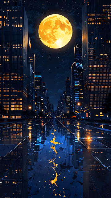 Neon City Street Under Giant Golden Moon at Night - Free 4K & 8K Mobile Wallpaper