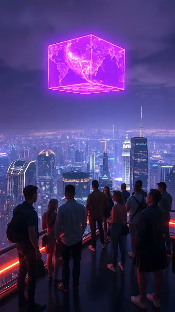 Neon Cube Projection Over Futuristic City Skyline at Night - Free 4K & 8K Mobile Wallpaper