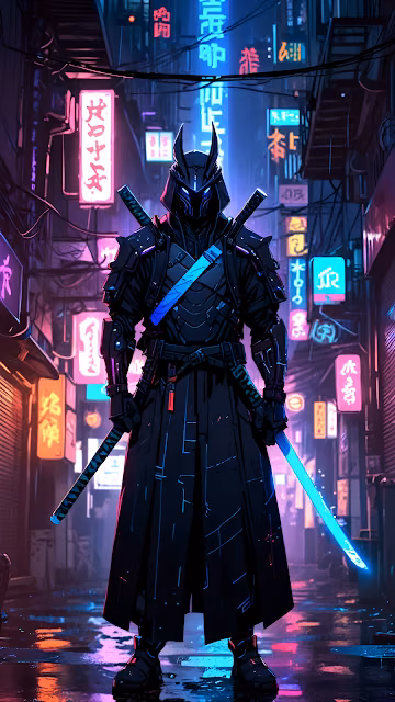Neon Cyber Samurai Warrior Glowing Katanas Alley - Free 4K & 8K Mobile Wallpaper
