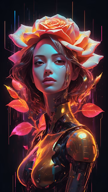 Neon Cybernetic Rose Goddess Portrait Digital Art - Free 4K & 8K Mobile Wallpaper
