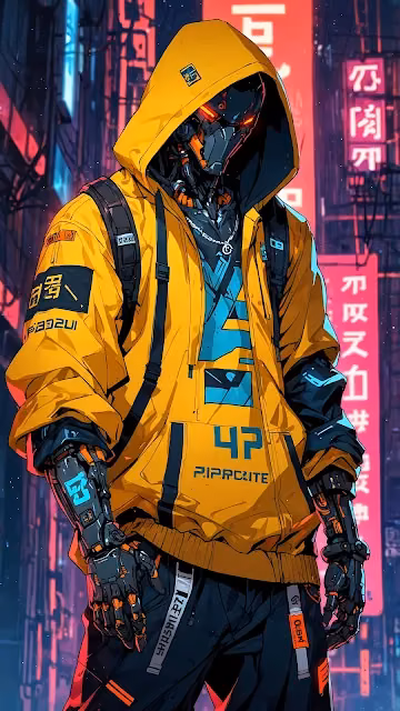 Neon Cyberpunk Android in Yellow Hoodie and Tactical Gear - Free 4K & 8K Mobile Wallpaper