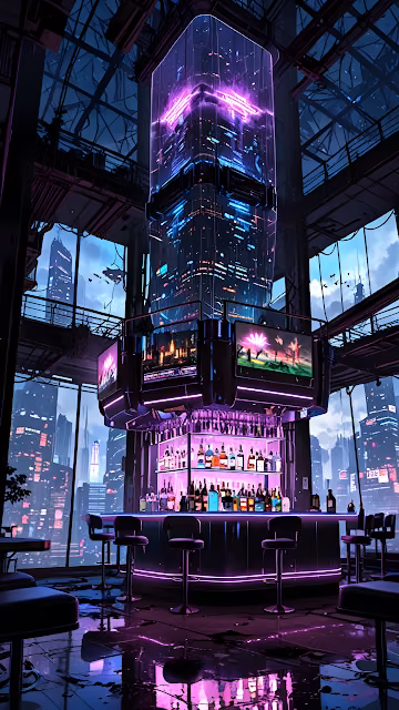 Neon Cyberpunk Bar Interior City View Purple Aesthetics - Free 4K & 8K Mobile Wallpaper