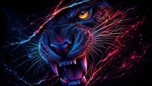 Black panther roars amid neon blue and red electric energy streaks. Digital art of a roaring black panther with glowing yellow eyes, sharp teeth, and neon red and blue energy lines.