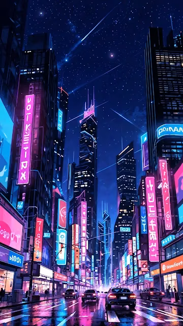Neon Cyberpunk City Street Under Starry Sky - Free 4K & 8K Mobile Wallpaper
