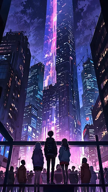Neon Cyberpunk City Tower with Pink Light Beam - Free 4K & 8K Mobile Wallpaper