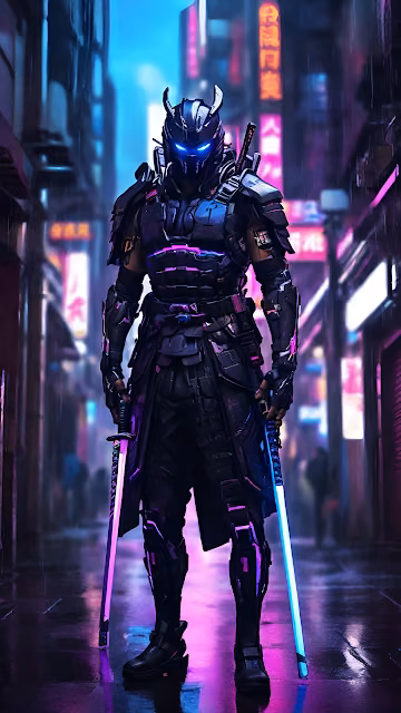 Neon Cyberpunk Samurai Warrior City Street - Free 4K & 8K Mobile Wallpaper