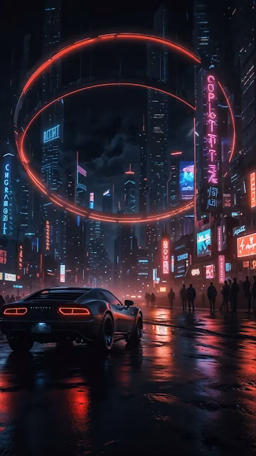 Neon Cyberpunk Street with Glowing Red Ring - Free 4K & 8K Mobile Wallpaper