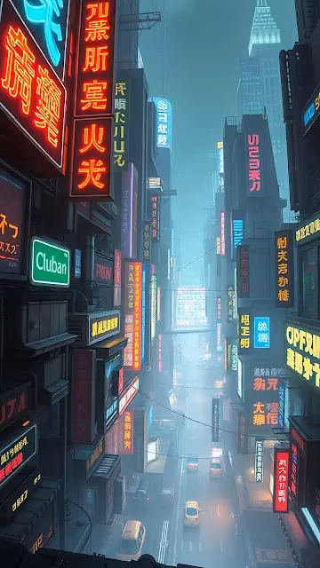 Neon Cyberpunk Street in Rainy Foggy City - Free 4K & 8K Mobile Wallpaper