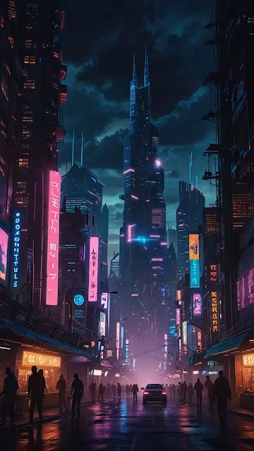 Neon-Drenched Cyberpunk Street with Towering Skyscraper - Free 4K & 8K Mobile Wallpaper