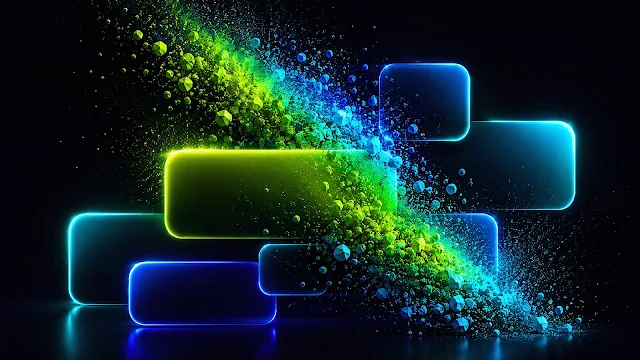 Glowing neon glass panels shatter into a vibrant stream of green and cyan particles. Overlapping blue and green glowing glass rectangles exploding with colorful geometric particles on a black background.