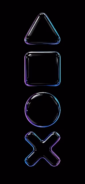 Glass gamepad controller symbols illuminated by blue and purple neon rim light. Transparent glass triangle, square, circle, and cross icons with neon edge glow on black.