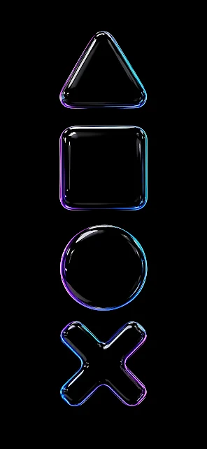 Glass gamepad controller symbols illuminated by blue and purple neon rim light. Transparent glass triangle, square, circle, and cross icons with neon edge glow on black.