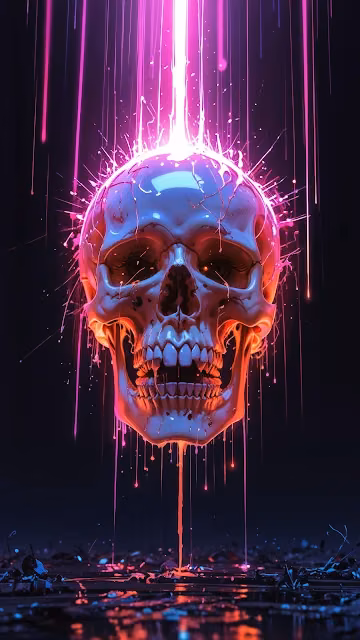 Neon Glitch Skull with Pink Light Beams - Free 4K & 8K Mobile Wallpaper