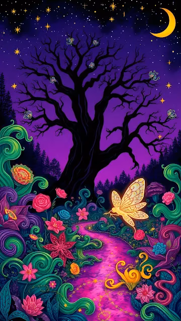 Neon Glow Path in a Psychedelic Night Forest Landscape - Free 4K & 8K Mobile Wallpaper
