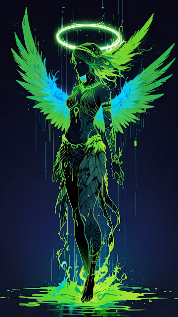 Neon Green Angel Silhouette Cyberpunk Fantasy Art - Free 4K & 8K Mobile Wallpaper