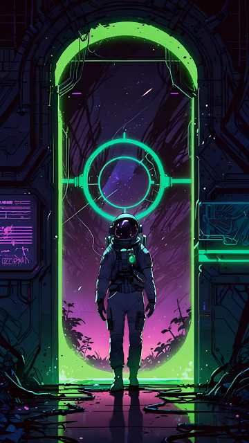 Neon Green Cyberpunk Astronaut Portal Entrance Art - Free 4K & 8K Mobile Wallpaper