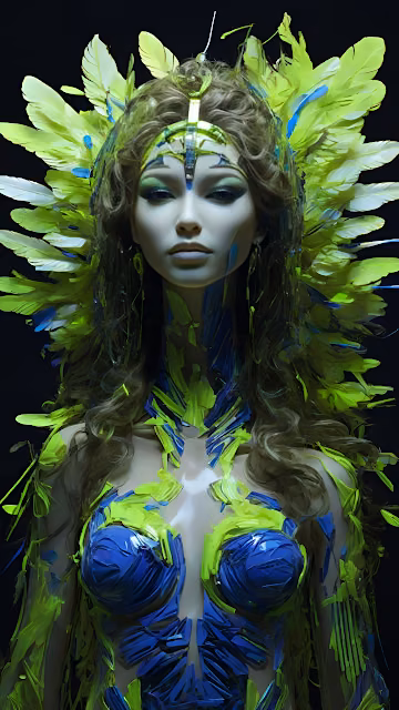 Neon Green Feathered Goddess Warrior Portrait Art - Free 4K & 8K Mobile Wallpaper