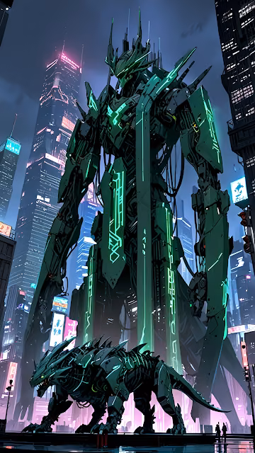 Neon Green Mech Guardian Futuristic Cityscape - Free 4K & 8K Mobile Wallpaper