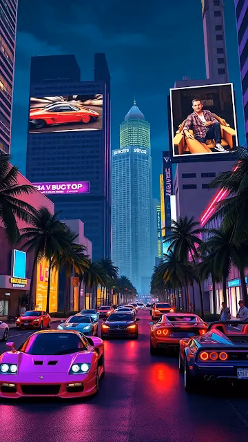 Neon-lit city street with luxury cars and palm trees at dusk - Free 4K & 8K Mobile Wallpaper