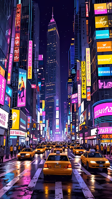 Neon-lit city street with yellow taxis and glowing billboards - Free 4K & 8K Mobile Wallpaper