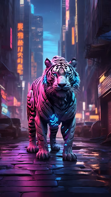 Neon-Lit Cyber Tiger Stalking Through Rainy City Alley - Free 4K & 8K Mobile Wallpaper