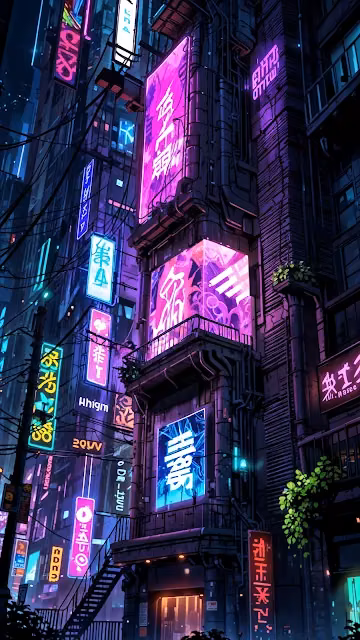 Neon-Lit Cyberpunk Alley with Glowing Signs - Free 4K & 8K Mobile Wallpaper