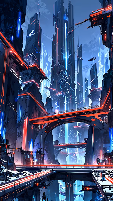 Neon-Lit Cyberpunk City with Floating Bridges - Free 4K & 8K Mobile Wallpaper