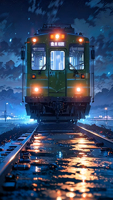 Neon Lit Japanese Train on Wet Tracks at Twilight - Free 4K & 8K Mobile Wallpaper