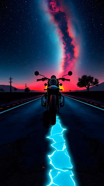 Neon Motorcycle Ride Under Vibrant Cosmic Sunset Sky - Free 4K & 8K Mobile Wallpaper