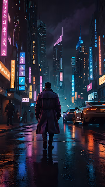 Neon Noir Cyberpunk City Street with Trench Coat Figure - Free 4K & 8K Mobile Wallpaper