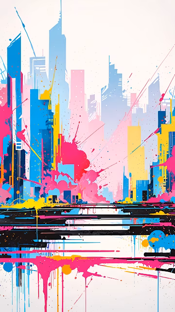Neon Paint Splatter Cityscape Abstract Art - Free 4K & 8K Mobile Wallpaper