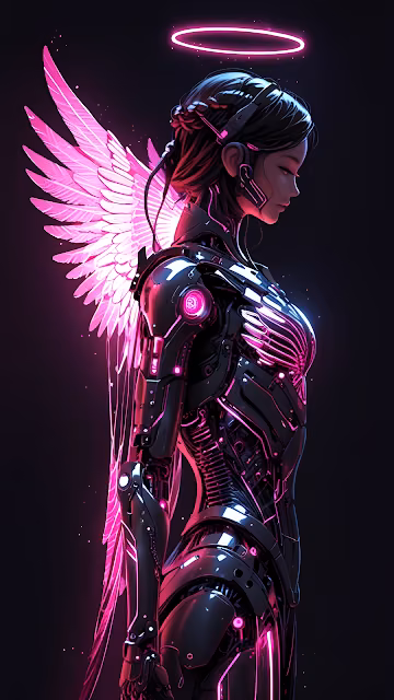 Neon Pink Cybernetic Angel Portrait Dark Futuristic Art - Free 4K & 8K Mobile Wallpaper