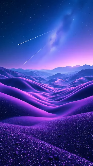 Neon Purple Dunes Under a Starry Night Sky and Meteors - Free 4K & 8K Mobile Wallpaper