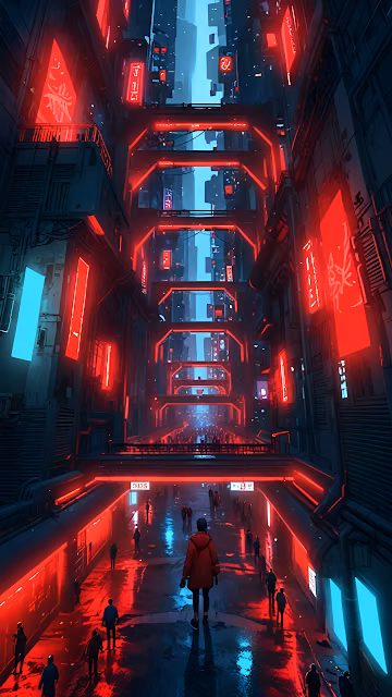 Neon Red Cyberpunk Alley with Rain-Slicked Streets - Free 4K & 8K Mobile Wallpaper