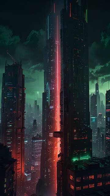 Neon Red Split Skyscraper in Dark Cyberpunk Metropolis - Free 4K & 8K Mobile Wallpaper