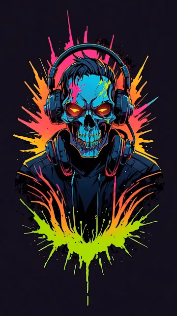 Neon Skull DJ with Headphones and Fluorescent Paint Splatter - Free 4K & 8K Mobile Wallpaper