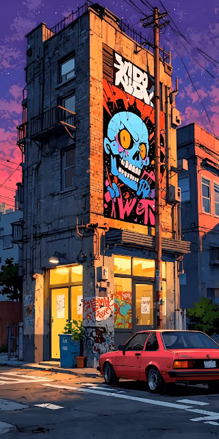 Neon Skull Graffiti Mural on Gritty Urban Building at Sunset - Free 4K & 8K Mobile Wallpaper