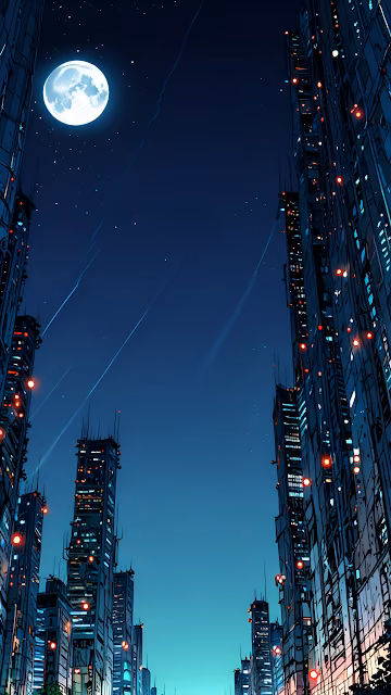 Neon Skyscrapers Towering Under Full Moon in Cyberpunk City - Free 4K & 8K Mobile Wallpaper