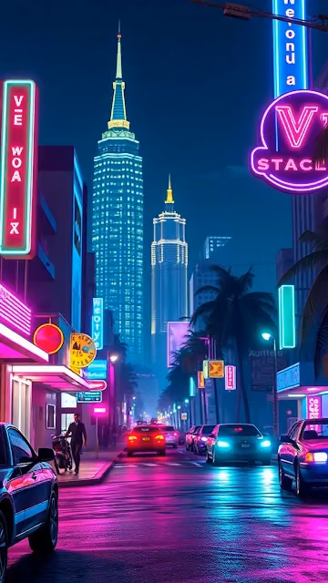 Neon soaked city street with glowing skyscrapers at night - Free 4K & 8K Mobile Wallpaper