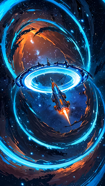 Neon Spaceship Entering Blue Galactic Wormhole Portal - Free 4K & 8K Mobile Wallpaper