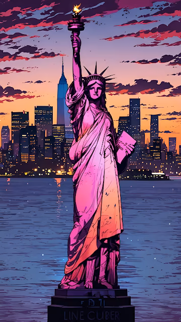 Neon Statue of Liberty Against NYC Skyline Sunset Comic Art - Free 4K & 8K Mobile Wallpaper