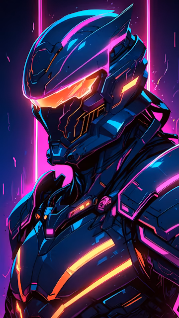 Neon Synthwave Mecha Warrior Armor Profile Art - Free 4K & 8K Mobile Wallpaper
