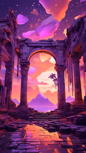 Neon Vaporwave Ruins Sunset Archway Purple Landscape - Free 4K & 8K Mobile Wallpaper