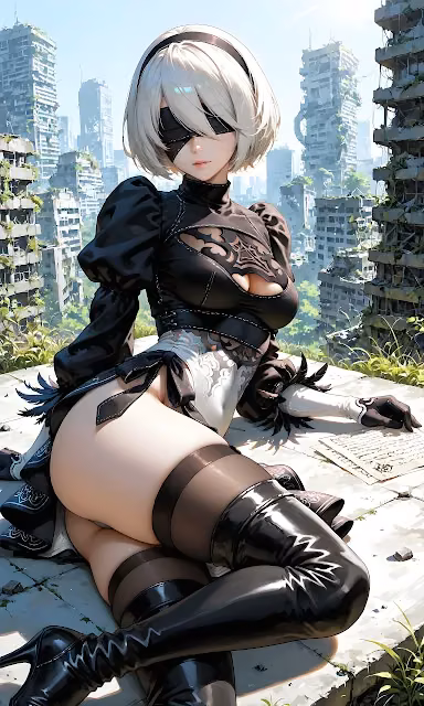 2B from NieR: Automata rests on a rooftop overlooking overgrown city ruins. 2B from NieR Automata in a black dress and blindfold reclining against a ruined city backdrop.
