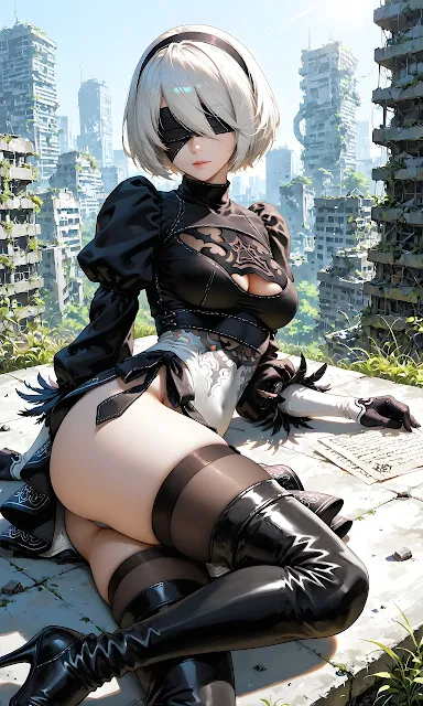 2B from NieR: Automata rests on a rooftop overlooking overgrown city ruins. 2B from NieR Automata in a black dress and blindfold reclining against a ruined city backdrop.