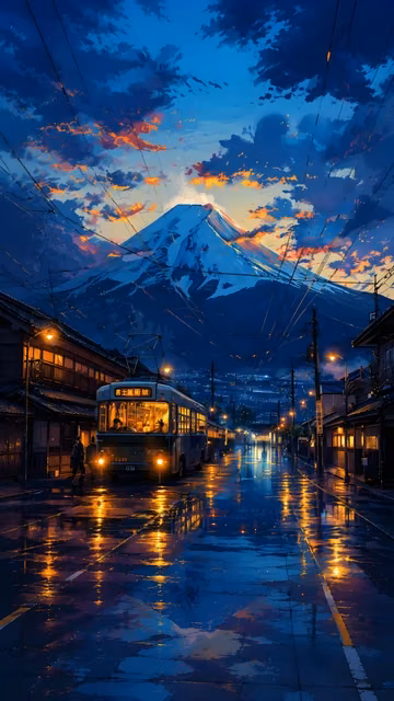 Warmly lit bus travels through a rainy traditional town beneath a huge snow-covered mountain and blue sunset clouds.