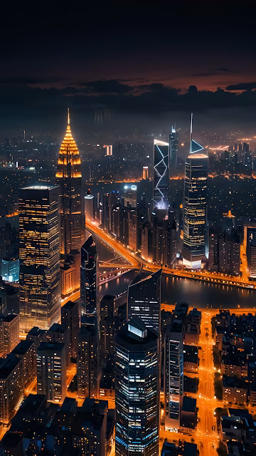Night Cityscape with Illuminated Skyscrapers and River - Free 4K & 8K Mobile Wallpaper