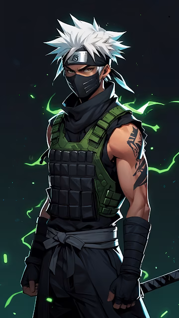 Ninja warrior with spiky white hair and green chakra aura - Free 4K & 8K Mobile Wallpaper